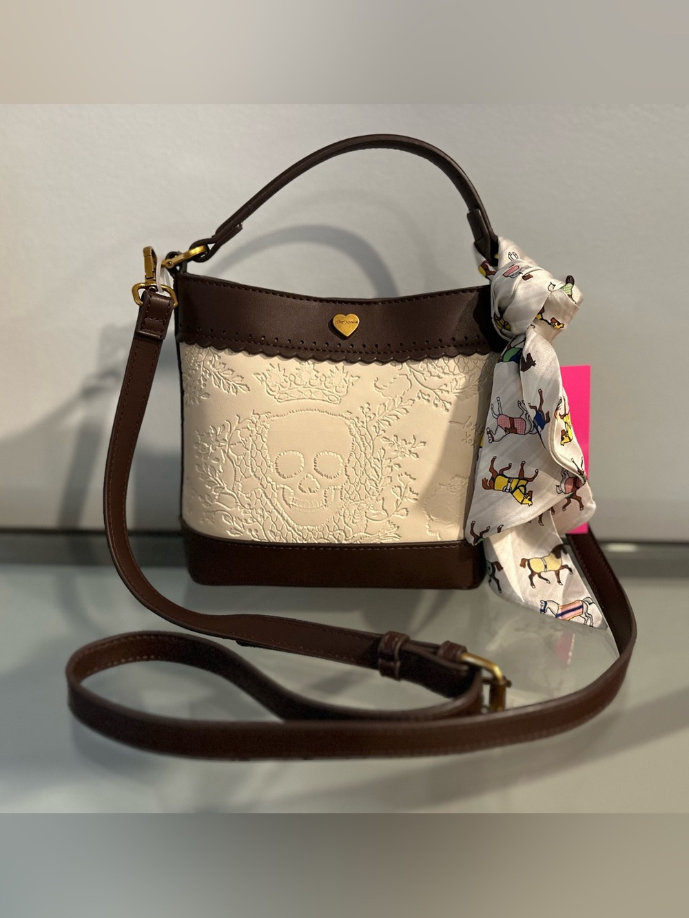 Betsey Johnson Xolarisa Skull Crossbody Bucket Bag - Cream/Brown [NWT]